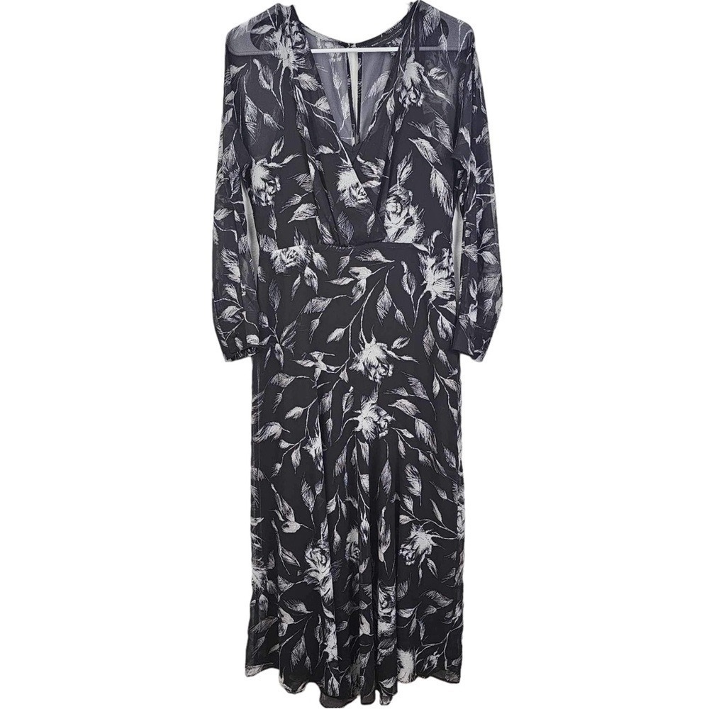 White House Black Market Black White Floral Chiffon Midi Dress Long Sleeve